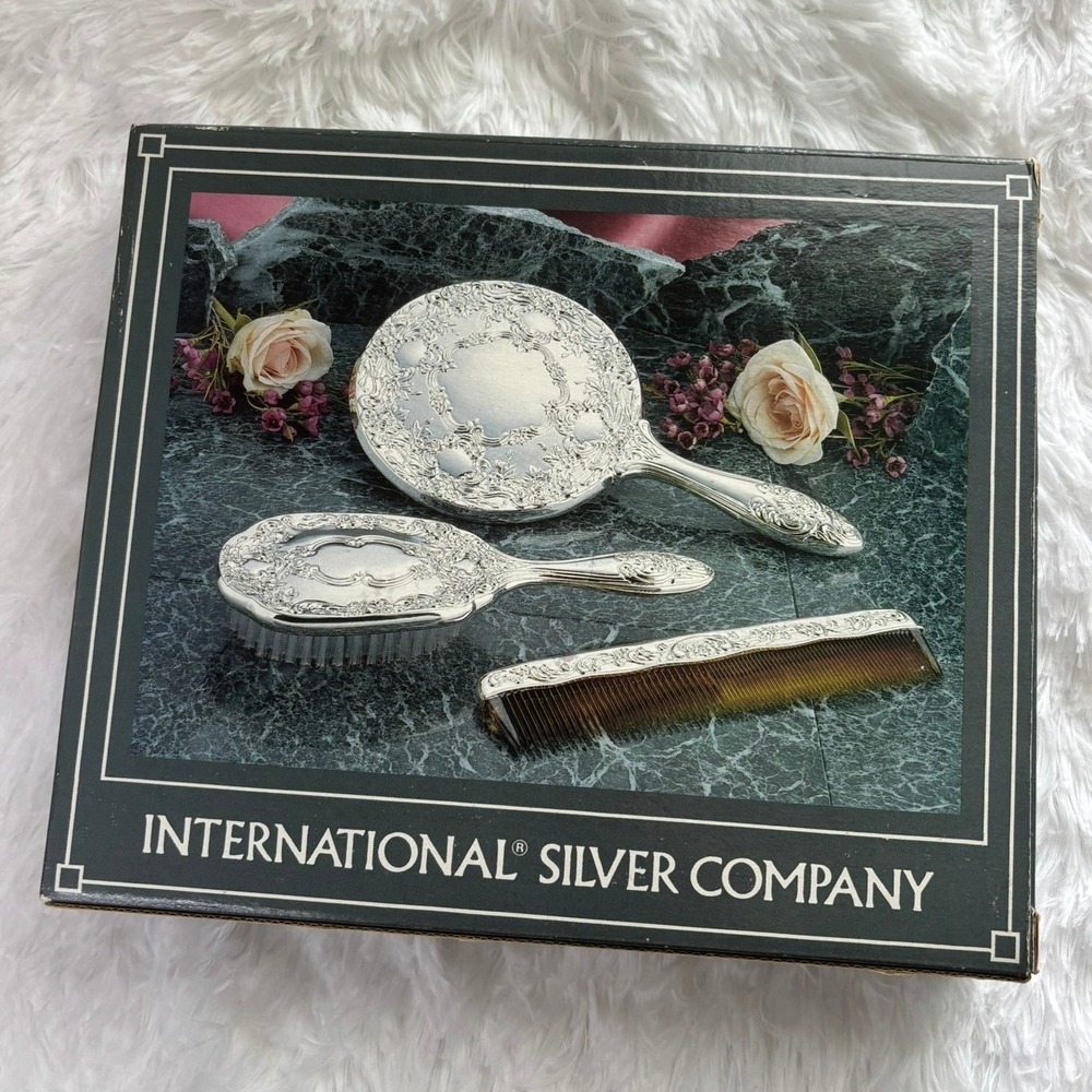 International Silver Co Vintage 3 Piece Silverplated Dresser Set Mirror Brush